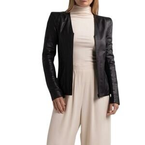 Trouvé Black Leather Fitted Moto Jacket Stretch Rib Panels Zip Front Size S